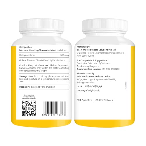 Image of Tata 1mg Vitamin B12 Methylcobalamin 1500 mcg Tablets | Active B12 for Nerve Health & Energy Support | High Strength | 60 Tablets