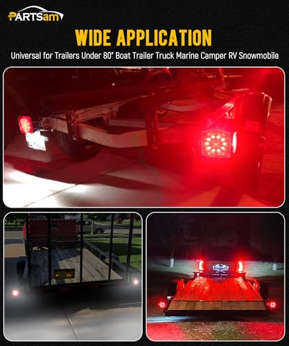 Image of Partsam 12V Submersible Square Led Trailer Lights, Red White LED Stop Turn Tail Reverse Backup License Side Marker Running Light Lamp for Trailers Under 80 inch, Truck, IP68, Red Clear Lens