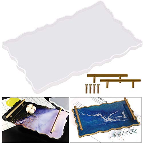 Bearals Silicone Resin Tray Molds Geode Agate Platter Molds with 1pc Tray Mold and 2pcs Gold Handles, Epoxy Resin Casting Molds Resin Molds for Making Faux Agate Tray, Serving Board