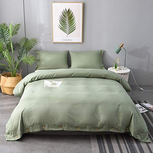 M&Meagle Duvet Cover Green,Solid Color Button Design,100% Microfiber Treated by Washed Cotton Process,Feels Like a Very Soft Cotton-Queen Size(3Pcs,1 Duvet Cover 2 Pillowcases)