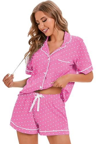 Image of LUBOT 100% Cotton Pajamas for Women 2 Piece PJ Set Button-Down Soft Knit Short Sleeve Summer Sleepwear Loungewear XS-XXL