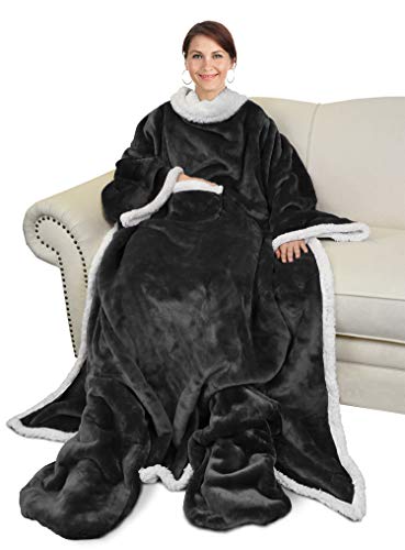 Catalonia Sherpa Wearable Blanket with Sleeves & Foot Pockets for Adult Women Men, Comfy Snuggly Wrap Sleeved Throw Blanket Robe, Gift Idea, Black