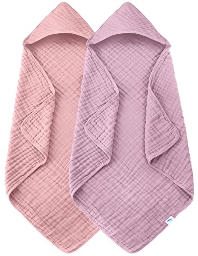 Image of SWEET DOLPHIN Muslin Hooded Baby Bath Towels - 2 Pack 100% Cotton Towel for Babies, Infants, Toddlers - 32x32Inch - Highly Absorbent and Newborn Essential, Light Sakura