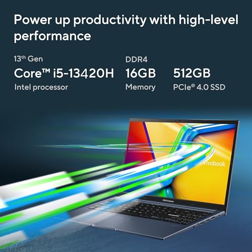 ASUS Vivobook 15, Smartchoice,Intel Core i5 13th Gen 13420H,16GB RAM, 512GB SSD, FHD 15.6",Windows 11, Office Home 2024, Quiet Blue, 1.70 kg, X1502VA-BQ836WS,Intel UHD iGPU, M365 Basic (1Year)* Laptop view 2