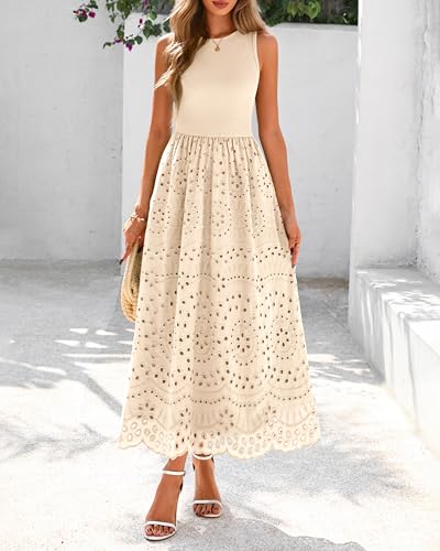 Image of dowerme Women Summer Dresses 2026 Casual Sleeveless Crewneck A-Line Boho Lace Eyelet Cotton Tank Maxi Dress with Pockets