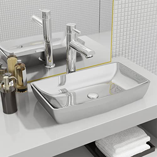 Lavabo with Céramique Argentée, Design Carré, Idéal pour Salle de Bain, Vasque à Poser Salle de Bain, Meuble Vasque Salle de Bain, Lavabo Enfant, Argent, 71 x 38 x 13.5 cm