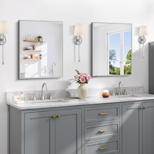 Image of COFENY Silver Bathroom Mirror for Wall, 18x24 Inch Rectangle Mirror with Metal Frame, Modern Vanity Mirrors for Bathroom Living Room, Entryway Hangs Horizontal or Vertical