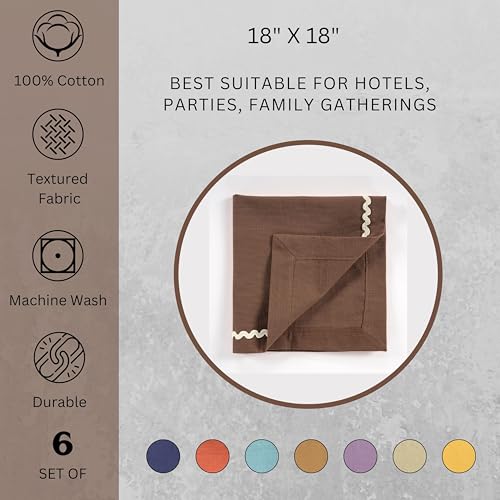 Image of FINGERCRAFT Cloth Napkins Set of 6, 18x18 Inch, 100% Cotton Table Napkins with RIC Rac Scallop Lace Trim, Reusable Washable Dinner Napkins for Wedding, Party, Dining & Home Decor (Chocolate)