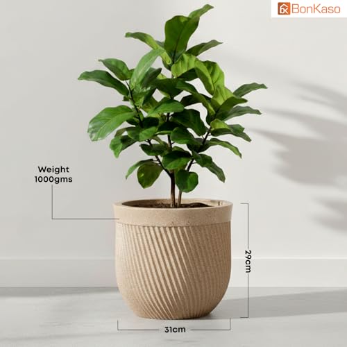 Image of Bonkaso 12 Inch Seltos Ribbed Planter for Indoor & Outdoor Use | Round Heavy Duty Polymer Flower Pot | Lightweight Weather Resistant Modern Gamla for Living Room Balcony & Terrace (Beige)