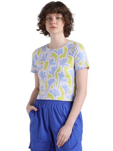 Image of ONLY Women Pure Cotton Regular Abstract Printed Round Neck Crop T-Shirt