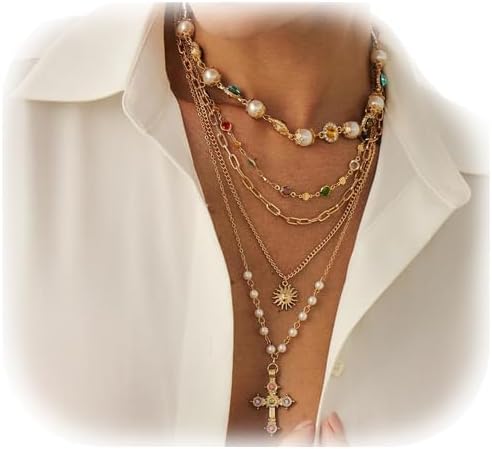Colorful Rhinestone Pearl Choker Necklace,Festival Rave Multi Layered Crystal Cross Pendant Chest Chain Jewelry Long Tassel Pearl Sunflower Clavicle Chain Necklace for Women