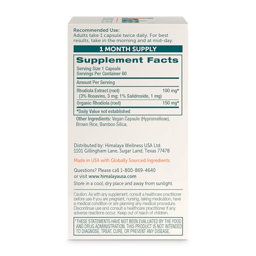 Image of Himalaya Rhodiola Rosea Extract - Herbal Rhodiola Rosea Supplements for Supporting Stress Relief, Energy, and Exercise Endurance - Vegan, Gluten Free, 250 mg, 60 Capsules
