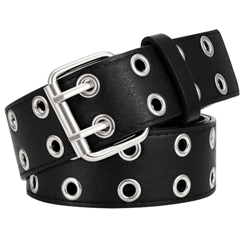 XZQTIVE Double Grommet PU Leather Belt for Women Men Punk metal Jean Belt Wide 1.5 Inch