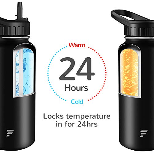 Letsfit Insulated Water Bottle with Wide Mouth Straw Lid & Handle Lid, Vacuum Stainless Steel Flask Multiple Sizes and Colors, Black, 24oz