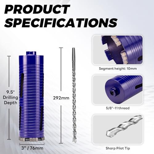 Image of 3 inch Core Drill Bit with Pilot Bit & Adapters(SDS Plus and 1 /2 inch Hex), 5 /8 inch-11 Thread, 9.5 inch Depth, Upgraded-Welded Segments Diamond Core Bits for Concrete, Masonry, Brick Block
