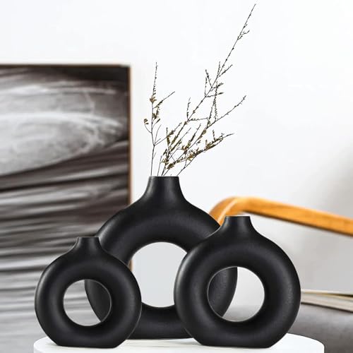 Image of White Donut Vase Hollow Ceramic Vase for Flowers Handmade Minimalist Style Modern Home Decor Round Shape Table Party Living Room Office Bedroom (Black S. M L)