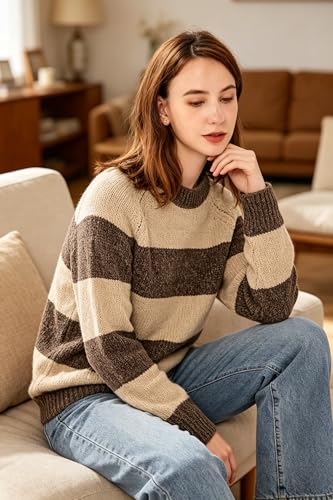 Image of Simple&Opulence Women's Chenille Sweater Crewneck Long Sleeve Pullover Ribbed Cuff Hem Round Neck Jumper Tops