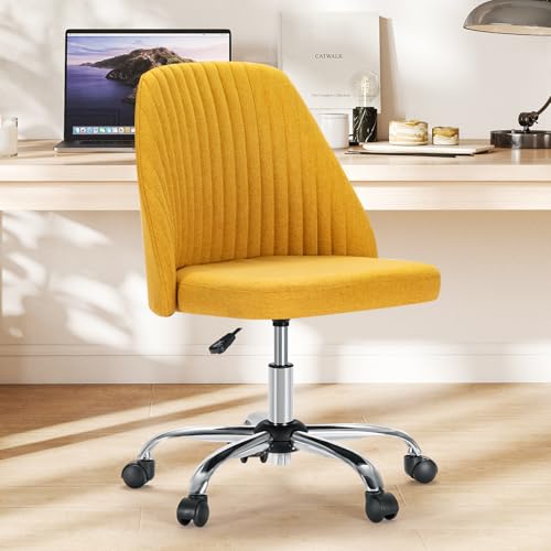 Image of Sweetcrispy Armless Vanity Chair, Cute Comfy Home Office Desk Chair with Wheels, Modern Upholstered Task Computer Seat for Bedroom, Study, Makeup Vanity, Height Adjustable & Swivel, Yellow