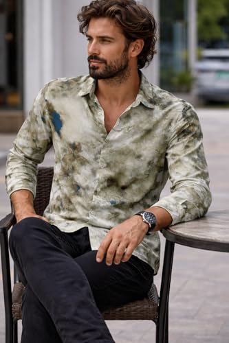 Image of Men's Regular Fit Button Down Dress Shirts, Textured Long Sleeve Casual Hawaiian Shirt