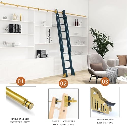 Adjustable Sliding Library Ladder Hardware Kit with Rolling Wheels - Easy Installation for Home Office & Retail Spaces