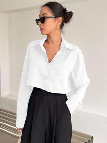 Image of Aahwan Women Polyester Regular Fit White Solid Button Up Drop Shoulder Casual Crop Long Sleeve Shirt