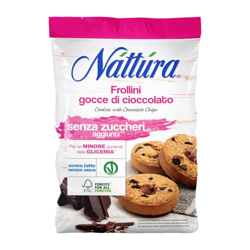 NATTURA Frollini con Gocce di Cioccolato Senza Zuccheri, Biscotti Senza Latte e Uova, con il -30% di Grassi Saturi, Prodotto Vegano Senza Olio di Palma, 200 gr