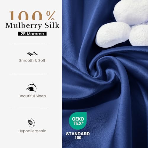 Image of THXSILK 25mm 100% Pure Mulberry 6A+ Silk Pillowcase for Hair & Skin with Zipper Closure, Cooling, Natural, Organic, Double Sided Silk Pillow Case with Gift Box(Navy Blue, Queen 20 inchx30 inch, 1pc)