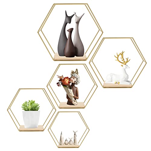 Scaffali da parete esagonali, set di 5, metallo, cucina, bagno, soggiorno, camera da letto, scaffale galleggiato, visualizzazione pianta, libri (oro 5)