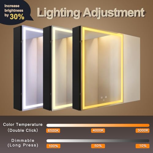 KWW 75 x 70 cm LED Lighted Bathroom Medicine Cabinet with Mirror, Defogger, Dimmer, 3 Color Light Makeup Mirror, Easy to Install, Wall Mounted Cabinet without Socket & USBs