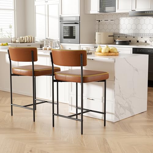Image of Bar Stools Set of 5, Faux Leather Counter Height Barstools with Curved Back, 25 Inch Upholstered Bar Chairs, Modern Counter Stools for Kitchen lsland, Caramel