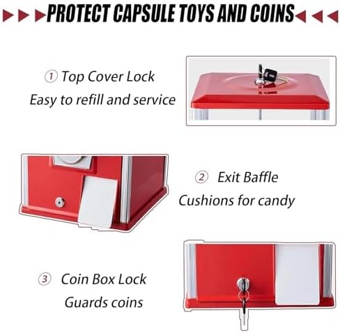 Gashapon Capsule Toy Vending Machine - Large Coin-Operated Candy Dispenser, 360° Rotating for Shopping Malls, Game Rooms & Arcades (Red) - Commercial Use