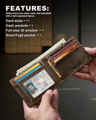 Image of Men's Wallet Compatible with Samsung Galaxy SmartTag 2, Bifold Full-Grain Leather Slim Smart Wallet with Tracker, Rfid Blocking, 11 Card Slots