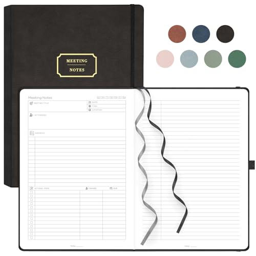 EMSHOI Meeting Notebook A4-240 Pages Hardback Diary To Do List Notepad Productivity Planner, Project Organiser, 100gsm Paper, Leather Journal for Women Men Business Work, 21.5 x 29cm - Black