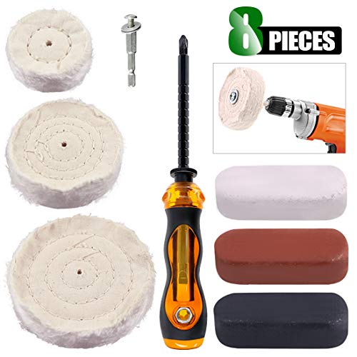 Keadic 8 Pcs Polishing Buffing Pad Kit, 2 3 4 Inch Cotton Polishing Wheels with 1/4 inch Shank and 3pcs Polishing/Cutting Compound, for Metal Aluminum Chrome Jewelry Wood