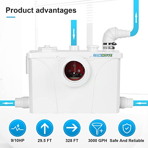 Macerating Toilet With Macerator Pump For Basement Upflush Toilet System, 4 Water Inlets For Kitchen Sink Bathtub Toilet, Elongated Toilet Bowl, Water Tank, Silent Closing Seat, Extension Pipe #TOP6