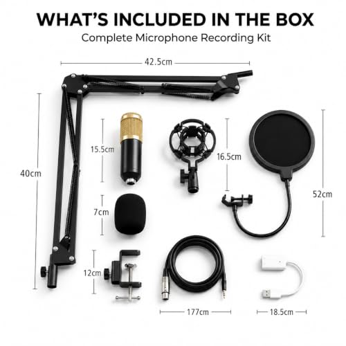 Image of CLAPONE Professional Condenser Microphone Kit with Boom Arm Stand, Pop Filter, Shock Mount, XLR Cable - Studio Recording Mic for YouTube, Podcast, Streaming, Voice Over