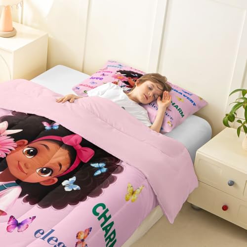 Image of Erosebridal Black Girls Magical Bedding Set Butterflies Inspirational Quotes Toddler Comforter Set African American Comforter Afro Black Princess Girl Duvet Insert for Nursery Kids Pink Room Decor