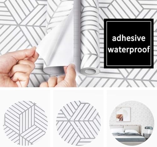 Image of Silver Geometric Wallpaper for Walls, 3D Cube Peel and Stick Wall Sticker, Self-Adhesive Waterproof Vinyl Decal for Home Decor, Kitchen, Furniture & DIY-Silver GEOMATRIC 45x300 CM (Pack of 1)