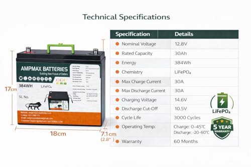 Image of LLP 12V 30Ah LiFePO4 Battery (384Wh) | Inbuilt 30A BMS with 2A Active Balancer | Lightweight Lithium Battery for Solar, Inverter, UPS & Backup