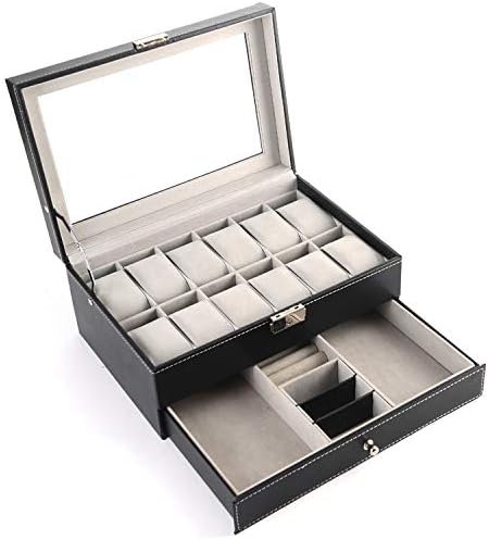 PENGKE Watch Box Organizer 2 Tier PU Leather Watch Case Display Organizer for Jewelry Watch,Rings,Lock and glass top
