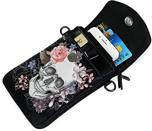 Flower Halloween Sugar Skull Cell Phone Purse Crossbody Bag Pouch Shoulder Bags Wallet for women Girls Travel, 7.6 x 4.9 inches(H x L)4