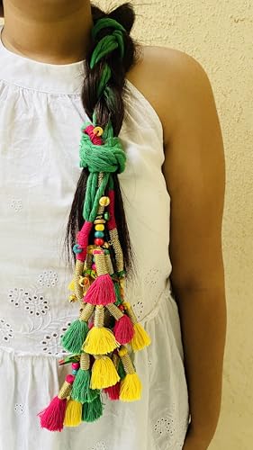 Image of Zippy Flora Handmade Boho Kalee Parandi (Green) | Traditional Paranda Hair Accessory with Decorative Braid Tassels | Ethnic Hair Extension for Choti, Long Braids & Festive Hairstyles