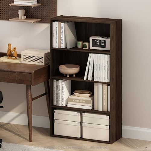 Image of Furinno Simple Book Shelf, 4-Tier Bookshelf, Bookcase with Open Shelf, 9.4 x 23.6 x 41.7, for Living Room, Bedroom, Home Office, Columbia Walnut