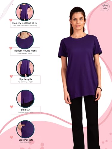 Image of 9shines Label Cotton Plus Size Long T-Shirt Tunic | Hip Covering Regular Top Nightwear| Sleepshirt Lounge wear for Women with Pocket (M-7XL)