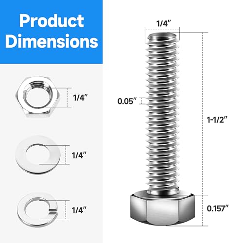 Image of (12 Sets) 1 /4-20 x 1-1 /2 inch Hex Head Screws Bolts and Nuts Kit with 1 /4-20 Bolt, 1 /4-20 Nuts, Flat & Lock Washers, Fully Threaded, 1 /4 20 Stainless Steel Bolts, Bright Finish by Marysino