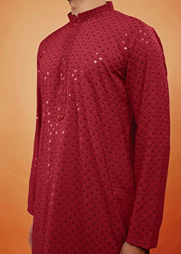 Image of Men's Rayon Blend Lucknowi Sequence Kurta Pyjama (Chickankari)