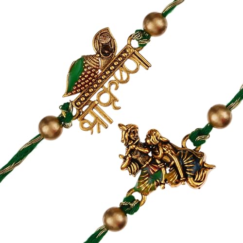 Image of eCraftIndia Set of 2 Green & Golden Shri Krishna and Radha Krishna Playing Flute Designer Religious Rakhis, Best Bro Ever Fridge Magnet with Roli Chawal Pack - Rakhi for Brother, Bhaiya, Bhai