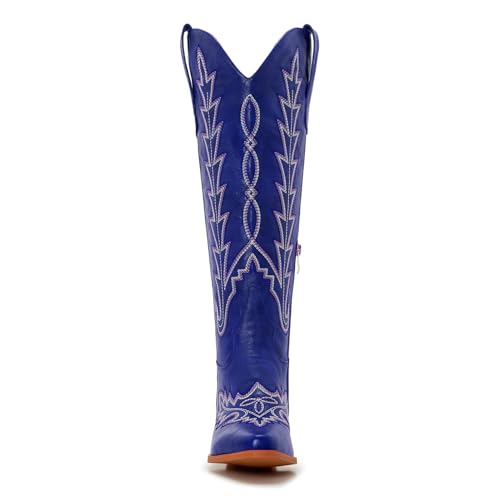 Image of Uillnoodu Wide Calf Cowboy Boots Women Knee High Tall Western Cowgirl Boots Adjustable Lace Up Plus Size Comfortable 2-Inch Heel