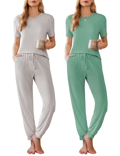 Image of Ekouaer Pajamas for Women Set 2 Pack Lounge Set Short Sleeve Pjs Joggers Long Pants Loungepwear with Pockets