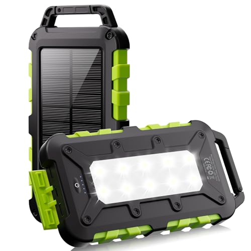 Solar Power Bank 26800 mAh PD 15 W Portable Solar Charger USB C Outdoor Waterproof External Battery with LED Light and 3 Outputs for Tablets Smartphones Outdoor Camping and More, Light Green